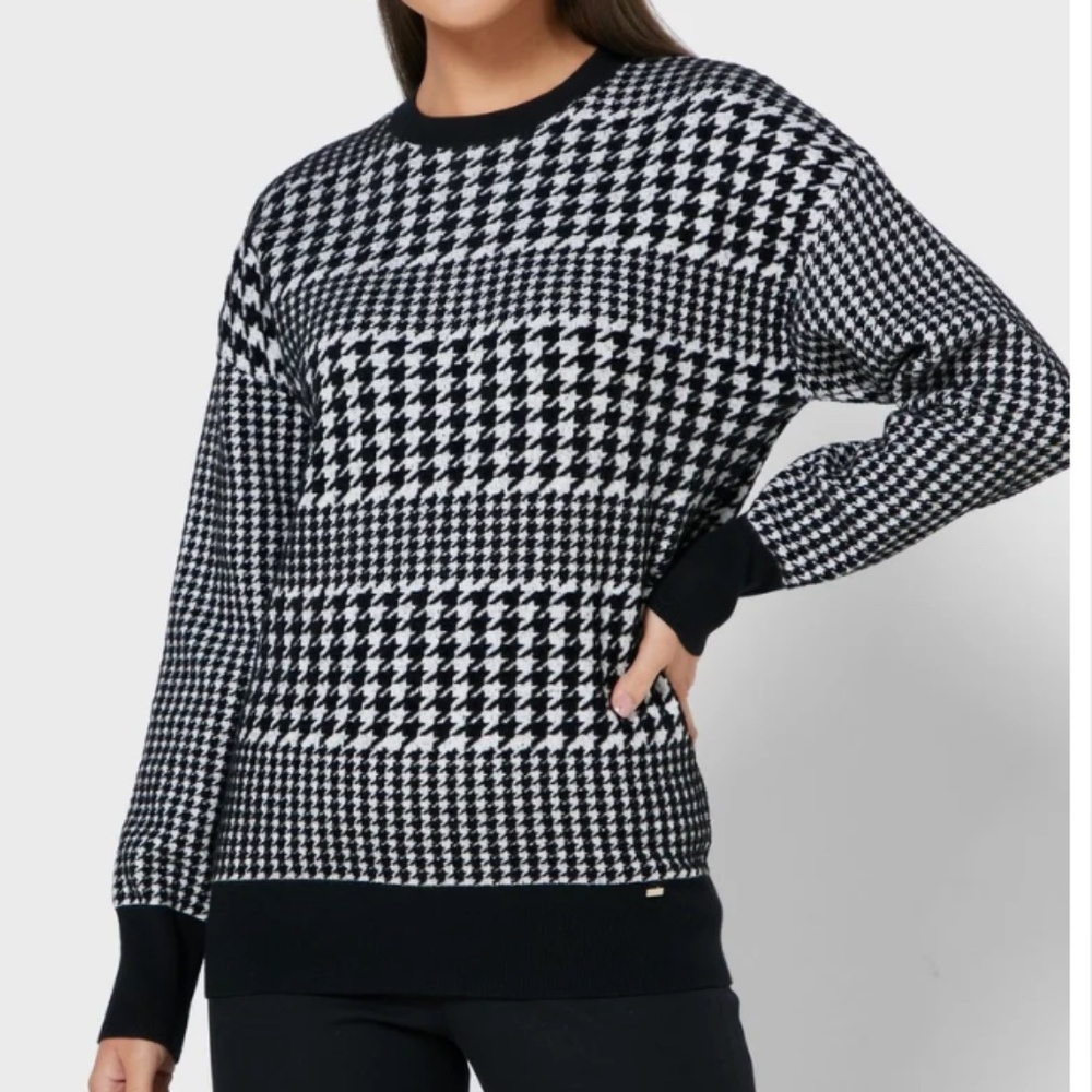 New TED BAKER Novahh Round Neck Sweater Houndstooth Jumper Black/White Size XL